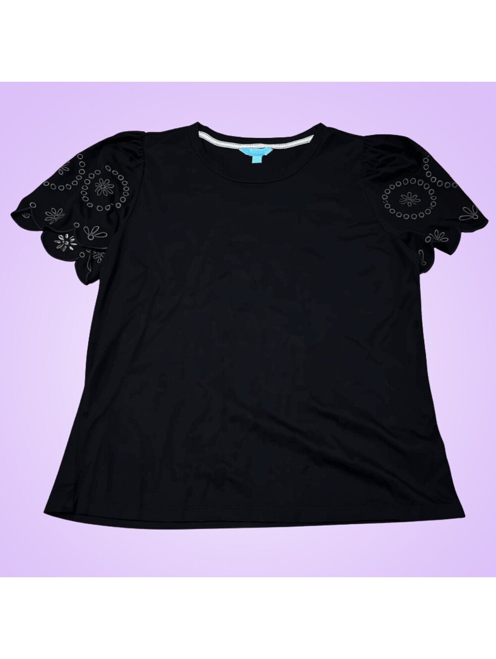 Draper James Womens Medium Black Puff Sleeve Eyelet Floral Top
